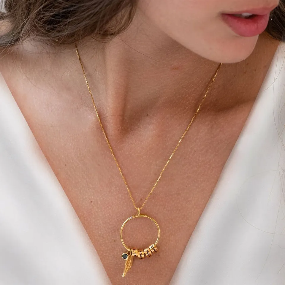 Circle Pendant Necklace With Leaf And Custom Beads 4